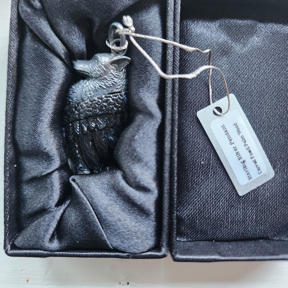 Wolf Head And Fossilized Palm Wood Wing Pendant